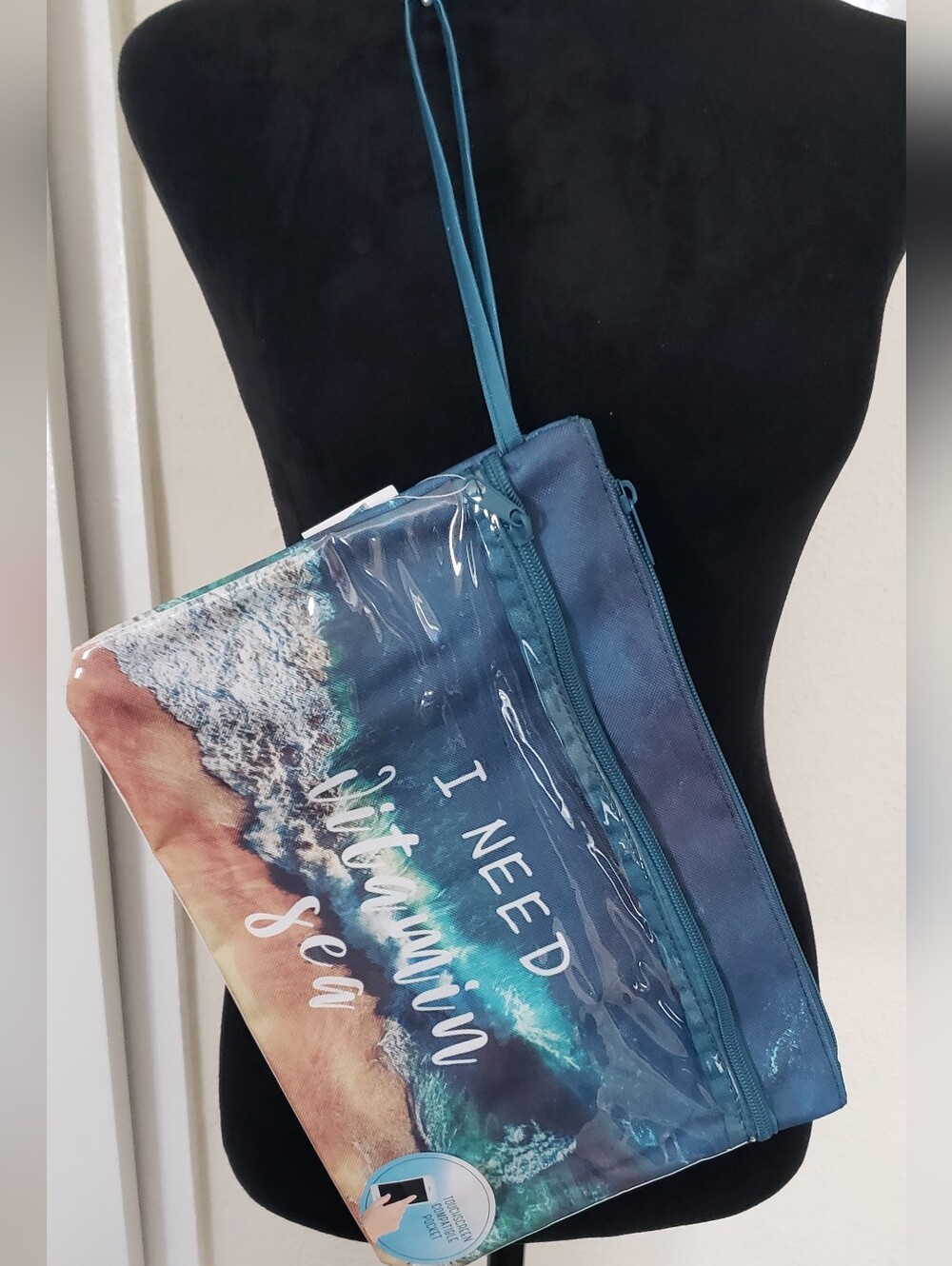 Blue Ocean-Print Wristlet Pouch - I Need Vitamin Sea With Touch Pad Pocket